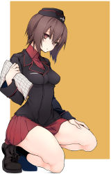 Rule 34 | 10mo, 1girl, black footwear, black skirt, black socks, brown eyes, brown hair, dress shirt, girls und panzer, grey shirt, hand on own thigh, highres, holding, holding map, kneehighs, kuromorimine school uniform, loafers, long sleeves, looking at viewer, map, miniskirt, nishizumi maho, on one knee, orange background, outside border, parted lips, pleated skirt, school uniform, shirt, shoes, short hair, skirt, socks, solo