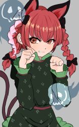 Rule 34 | 1girl, animal ears, black bow, bow, braid, breasts, cat ears, dress, green dress, grey background, grin, hair between eyes, hair bow, hands up, highres, hitodama, kaenbyou rin, light blush, long hair, long sleeves, looking at viewer, looking to the side, marsen, multiple tails, nekomata, paw pose, red eyes, red hair, simple background, small breasts, smile, solo, tail, touhou, twin braids, two tails