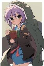Rule 34 | 1girl, :o, absurdres, blue sailor collar, blue skirt, book, border, brown cardigan, brown eyes, cardigan, coat, commentary request, cowboy shot, glasses, green coat, highres, holding, holding book, hood, hooded coat, hugging book, hugging object, kita high school uniform, long sleeves, looking at viewer, nagato yuki, open cardigan, open clothes, open coat, outside border, parted lips, purple hair, red ribbon, ribbon, rokochandayo, sailor collar, school uniform, serafuku, short hair, skirt, solo, standing, suzumiya haruhi no shoushitsu, suzumiya haruhi no yuuutsu, white border, winter uniform
