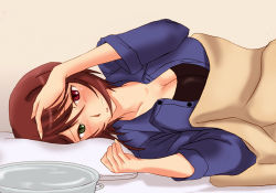 Rule 34 | 00s, 1girl, blanket, blush, breasts, brown hair, casual, cleavage, heterochromia, lying, aged up, on side, pillow, pot, rozen maiden, short hair, sick, solo, souseiseki, sweat, under covers