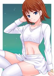 Rule 34 | 1girl, abe tsukumo, abs, avataro sentai donbrothers, blouse, blue eyes, brown hair, crop top, highres, jewelry, necklace, shirt, sononi, sononi (donbrothers), super sentai, thighhighs, white thighhighs
