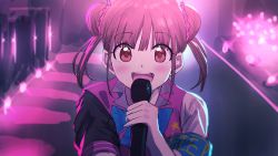 Rule 34 | 1girl, :d, absurdres, armband, blue bow, bow, brown eyes, brown hair, double bun, hair between eyes, hair bun, highres, holding, holding microphone, huge filesize, idolmaster, idolmaster shiny colors, jacket, looking at viewer, microphone, misaki nonaka, open mouth, pink jacket, short sleeves, smile, solo, sonoda chiyoko, teeth, twintails, upper body, upper teeth only