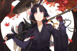 Rule 34 | 1girl, ajirogasa, animal ears, arknights, autumn leaves, beads, black hair, darah, dog ears, facial mark, fingerless gloves, forehead mark, gloves, grin, hat, highres, japanese clothes, kimono, long hair, over shoulder, polearm, prayer beads, red eyes, saga (arknights), smile, solo, spear, tree, twitter username, weapon, weapon over shoulder, wide sleeves