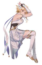 Rule 34 | 1girl, arms up, blonde hair, blush, boots, breasts, closed mouth, commentary, detached sleeves, dress, english commentary, flower, genshin impact, hair flower, hair ornament, highres, looking at viewer, lumine (genshin impact), medium breasts, short hair with long locks, simple background, sleeveless, sleeveless dress, solo, thigh boots, white background, white dress, white footwear, yellow eyes, zippo (2387576974)