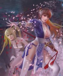 Rule 34 | 2girls, artist request, blonde hair, breasts, cherry blossoms, dead or alive, flat chest, kasumi (doa), katana, large breasts, long hair, marie rose, multiple girls, pelvic curtain, petals, ponytail, sword, tecmo, weapon