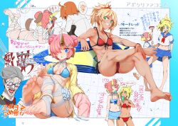Rule 34 | ..., 1boy, 3girls, absurdres, bandages, barefoot, bikini, blonde hair, blue eyes, breasts, double bun, fate/grand order, fate (series), feet, foot focus, frankenstein&#039;s monster (fate), frankenstein&#039;s monster (swimsuit saber) (fate), fujimaru ritsuka (female), glasses, green eyes, hair bun, hair over one eye, highres, horns, james moriarty (archer) (fate), mordred (fate), mordred (fate) (all), mordred (swimsuit rider) (fate), multiple girls, muscular, muscular female, nail polish, navel, open mouth, orange hair, parted lips, pink hair, ponytail, school uniform, single horn, skirt, small breasts, soles, speech bubble, swimsuit, tan, teeth, toenail polish, toenails, toes, tongue, torichamaru, translation request