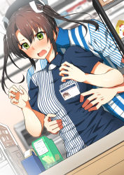 Rule 34 | 10s, 1boy, 1girl, alternate costume, b-ginga, blue shirt, blurry, blurry background, blush, commentary request, counter, employee uniform, eyebrows, grey hair, hair between eyes, id card, indoors, kantai collection, lawson, name tag, open mouth, shirt, short sleeves, solo focus, striped clothes, striped shirt, surprised, sweatdrop, twintails, uniform, yellow eyes, zuikaku (kancolle)
