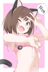 Rule 34 | 1girl, ;d, animal ears, bare shoulders, bikini, blush, breasts, brown hair, cat ears, cat tail, double v, fake animal ears, fake tail, fang, green eyes, grid background, highres, idolmaster, idolmaster cinderella girls, idolmaster cinderella girls starlight stage, looking at viewer, maekawa miku, medium breasts, navel, one eye closed, open mouth, outside border, pink background, pink bikini, salamander (hop-step), short hair, simple background, smile, solo, speech bubble, striped bikini, striped clothes, swimsuit, tail, v