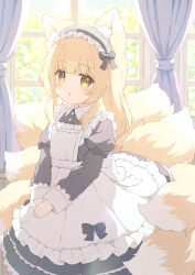 Rule 34 | 1girl, :o, animal ears, apron, black dress, blonde hair, commission, dress, fox ears, fox girl, fox tail, highres, indoors, maid, maid apron, maid headdress, multiple tails, open mouth, original, skeb commission, tail, tyakomes, variant set, window, yellow eyes