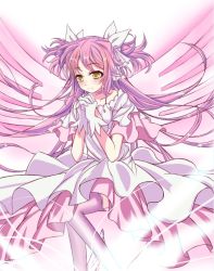 Rule 34 | 10s, 1girl, boots, choker, dress, gloves, jianren, kaname madoka, long hair, mahou shoujo madoka magica, mahou shoujo madoka magica (anime), own hands clasped, own hands together, pink footwear, pink hair, short twintails, smile, solo, spoilers, thighhighs, twintails, two side up, ultimate madoka, white gloves, white thighhighs, wings, yellow eyes