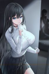 Rule 34 | 2girls, absurdres, black hair, black skirt, blue eyes, breasts, choker, collared shirt, door, doorway, dress shirt, finger to mouth, hair between eyes, highres, holding, index finger raised, indoors, large breasts, light particles, lillly, long hair, long sleeves, looking at viewer, miniskirt, multiple girls, open door, original, parted lips, pleated skirt, sex, shirt, shirt tucked in, shushing, silhouette, skirt, solo focus, taut clothes, taut shirt, very long hair, voyeurism, white shirt