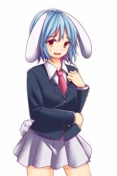 Rule 34 | 1girl, animal ears, collared shirt, cowboy shot, floppy ears, long sleeves, looking at viewer, miyo (ranthath), necktie, open mouth, pleated skirt, rabbit ears, rabbit tail, red eyes, red necktie, reisen, shirt, short hair, simple background, skirt, solo, sweat, tail, touhou, white background, white shirt, white skirt