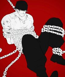 Rule 34 | 1boy, bandana, bara, blood, blood on face, chain, chained, covered mouth, glaring, hd189733b, highres, knee up, large pectorals, long sideburns, looking at viewer, male focus, muscular, muscular male, one piece, pectorals, red background, roronoa zoro, short hair, sideburns, sitting, solo