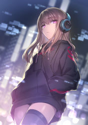 Rule 34 | 1girl, black thighhighs, blurry, blurry background, brown hair, closed mouth, dutch angle, hands in pockets, headphones, highres, hisasi, long hair, looking at viewer, original, pink eyes, solo, thighhighs