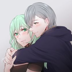 Rule 34 | 1boy, 1girl, arms around neck, ashe ubert, breasts, byleth (female) (fire emblem), byleth (fire emblem), cleavage, closed mouth, couple, fire emblem, fire emblem: three houses, green eyes, green hair, grey background, hair between eyes, hetero, hood, hood down, hug, hug from behind, long hair, medium breasts, nintendo, profile, shiny skin, signature, silver hair, simple background, smile, yori (a a yori)