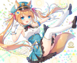 Rule 34 | 1girl, ameto yuki, animal ear fluff, animal ears, armband, ass, bare shoulders, black footwear, blonde hair, blue eyes, blue hat, blue sky, breasts, collared shirt, commentary request, dress shirt, ears through headwear, frilled skirt, frills, gloves, hair between eyes, hat, holding, legs up, loafers, long hair, medium breasts, original, peaked cap, shirt, shoes, skirt, sky, sleeveless, sleeveless shirt, solo, tail, thighhighs, twintails, very long hair, whistle, white background, white gloves, white shirt, white thighhighs, wolf ears, wolf girl, wolf tail