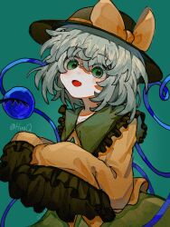 Rule 34 | 1girl, bow, chinese commentary, collared shirt, colored eyelashes, commentary request, eyes visible through hair, film grain, frilled shirt collar, frilled sleeves, frills, green background, green eyes, green hair, green skirt, hat, hat bow, hat ribbon, highres, huaqi, komeiji koishi, ribbon, shirt, simple background, skirt, sleeves past fingers, sleeves past wrists, smile, solo, third eye, touhou, yellow bow, yellow ribbon, yellow shirt