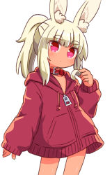 Rule 34 | 1girl, animal ear fluff, animal ears, blonde hair, blush, closed mouth, collar, commentary request, drawstring, etrian odyssey, heart, heart-shaped pupils, highres, hood, hood down, hooded jacket, jacket, long hair, long sleeves, looking at viewer, masurao (sekaiju), naga u, ponytail, puffy long sleeves, puffy sleeves, rabbit ears, red collar, red eyes, red jacket, sekaiju no meikyuu, sekaiju no meikyuu 5, short eyebrows, simple background, sleeves past wrists, solo, standing, symbol-shaped pupils, tan, thick eyebrows, white background