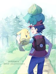 Rule 34 | 1boy, arm up, artist name, backpack, bad id, bad pixiv id, bag, baseball cap, black eyes, black hair, blue pants, blue sky, blush, bulbasaur, bush, closed eyes, copyright name, creatures (company), day, english text, forest, from behind, game freak, gen 1 pokemon, grass, happy, hat, light blush, looking at another, male focus, mei (maysroom), nature, nintendo, on head, open mouth, outdoors, pants, pikachu, poke ball theme, pokemon, pokemon (creature), pokemon on head, pokemon rgby, red (pokemon), red headwear, red vest, revision, shirt, short sleeves, signature, sky, smile, standing, sunlight, tree, vest, white shirt