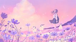 Rule 34 | 1girl, animal, backpack, bag, bird, closed mouth, closed eyes, field, flower, hill, landscape, medium hair, nature, original, outdoors, penguin, pink sky, scenery, skirt, sky, smile, standing, tabisumika, watch, wide shot