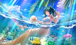 2girls :t asymmetrical_bangs ball barefoot beachball bikini blue_eyes blue_hair blunt_bangs brown_eyes butterflyfish cinderella_series closed_mouth cloud clownfish coral fish fisheye game_cg green_hair grin hachigatsu_no_cinderella_nine high_ponytail highres holding holding_ball holding_beachball kotomiya_chitose light_blue_hair light_rays long_hair looking_at_viewer mizuhara_asumi mole mole_under_eye multiple_girls non-web_source ocean official_alternate_hairstyle official_art outdoors palm_tree partially_submerged partially_underwater_shot ship side-tie_bikini_bottom sidelocks sky smile string_bikini submerged sunbeam sunlight swimsuit teeth tree tropical_fish twintails water watercraft wet white_bikini