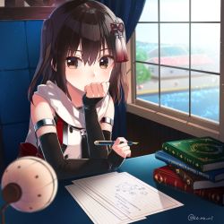 Rule 34 | 1girl, bare shoulders, blouse, blue sky, blurry, blurry background, blurry foreground, blush, book, book stack, brown eyes, brown hair, chair, covered mouth, curtains, day, depth of field, desk, detached sleeves, enemy lifebuoy (kancolle), fishnets, hair between eyes, hair ornament, hand on own chin, holding, holding pen, indoors, kantai collection, koruri, long hair, long sleeves, looking at viewer, nib pen (object), paper, pen, scarf, school uniform, sendai (kancolle), serafuku, shirt, sitting, sky, sleeveless, sleeveless shirt, sleeves past wrists, solo, twitter username, two side up, white scarf, window