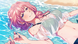 Rule 34 | 1girl, 1other, asada hachi, banned artist, bare shoulders, beach, bikini, blue nails, blush, breasts, collarbone, commentary, day, highres, kousaka rei, la corda d&#039;oro, la corda d&#039;oro starlight orchestra, large breasts, long hair, looking at viewer, lying, nail polish, navel, ocean, off shoulder, on back, out of frame, outdoors, parted lips, partially submerged, pink hair, pinky swear, pov, pov hands, purple eyes, sand, see-through, shirt, short sleeves, smile, solo focus, swimsuit, twitter username, water, water drop, watermark, wet, white shirt