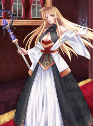 Rule 34 | 1girl, alternate costume, bare shoulders, black dress, blonde hair, breasts, center opening, cleavage, commentary request, dress, fate testarossa, floral print, forehead, glowing, gold trim, hand up, highres, holding, holding staff, large breasts, long dress, long hair, looking at viewer, lyrical nanoha, magic, mahou shoujo lyrical nanoha, off shoulder, open mouth, parted bangs, parted lips, red carpet, red eyes, shirt, sidelocks, solo, sougetsu izuki, staff, standing, striped clothes, striped shirt, vertical-striped clothes, vertical-striped shirt, white dress, window