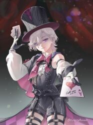 Rule 34 | 1boy, bishounen, black gloves, black shirt, bow, bowtie, card, coloryraven, cowboy shot, genshin impact, gloves, hat, highres, lyney (genshin impact), male focus, pink eyes, playing card, red bow, red bowtie, shirt, short hair, shorts, sleeveless, solo, top hat, white hair