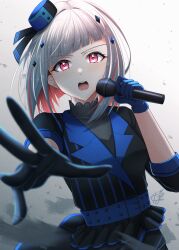 Rule 34 | 1girl, absurdres, blue gloves, bright09, gloves, highres, link! like! love live!, looking at viewer, love live!, medium hair, multicolored hair, open mouth, pink eyes, solo, two-tone hair, white hair, yugiri tsuzuri