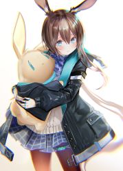 Rule 34 | 1girl, absurdres, amiya (arknights), animal ears, arknights, ascot, black jacket, blue ascot, blue eyes, blue skirt, blush, brown hair, chromatic aberration, commentary request, frilled ascot, frills, hair between eyes, head tilt, highres, holding, holding stuffed toy, jacket, jewelry, long hair, long sleeves, multiple rings, pantyhose, pleated skirt, pottsness, rabbit ears, ring, simple background, skirt, smile, solo, stuffed animal, stuffed rabbit, stuffed toy, thigh strap, thumb ring, white background