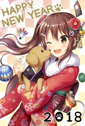 Rule 34 | 2018, blush, bone, bone hair ornament, brown eyes, brown hair, chinese zodiac, dog, flower, hair flower, hair ornament, hairclip, happy new year, highres, japanese clothes, kimono, long hair, looking away, new year, open mouth, original, side ponytail, smile, year of the dog, yuusa