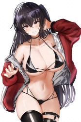 Rule 34 | 1girl, ahoge, azur lane, bare shoulders, bikini, black bikini, black hair, black thighhighs, blush, breasts, cleavage, collarbone, cowboy shot, eyewear on head, groin, hair between eyes, jacket, large breasts, long hair, looking at viewer, navel, official alternate costume, one side up, open clothes, open jacket, pnatsu, race queen, red eyes, red jacket, simple background, skindentation, smile, solo, stomach, sunglasses, swimsuit, taihou (azur lane), taihou (enraptured companion) (azur lane), thighhighs, very long hair, white background