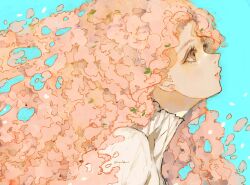 Rule 34 | 1girl, aqua background, blush, cherry blossoms, collared shirt, commentary request, dress, earrings, flower, flower-shaped hair, flower earrings, frilled shirt, frilled shirt collar, frills, from side, gown, hair between eyes, highres, jewelry, leaf, leaning forward, long hair, looking to the side, open mouth, orie h, original, parted lips, pink eyes, pink hair, shirt, simple background, solo, standing, upper body, white shirt