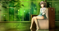 Rule 34 | 1girl, ^ ^, bad id, bad pixiv id, barefoot, bathroom, bird, blue skirt, blurry, bokeh, brown hair, cardigan, closed eyes, depth of field, dove, closed eyes, faucet, hair ribbon, highres, indoors, knees together feet apart, missile228, nature, original, own hands together, panties, panty pull, parted lips, pink ribbon, pleated skirt, ribbon, scenery, short hair, sitting, skirt, solo, thighs, toilet, toilet paper, toilet use, tree, underwear, white panties