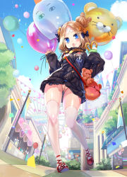 Rule 34 | 1girl, abigail williams (fate), abigail williams (traveling outfit) (fate), animal bag, bag, balloon, black bow, black jacket, blonde hair, blue eyes, blue sky, blush, bow, breasts, cameltoe, cloud, cloudy sky, commentary request, crepe, day, fate/grand order, fate (series), food, food on face, from below, full body, gluteal fold, hair bow, hair bun, hands up, heroic spirit traveling outfit, holding, holding balloon, holding food, jacket, jin young-in, long hair, long sleeves, looking at viewer, looking down, market stall, medjed (fate), hugging object, official alternate costume, open mouth, orange bow, outdoors, panties, parted bangs, pennant, polka dot, polka dot bow, red footwear, shoes, shoulder bag, single hair bun, sky, sleeves past fingers, sleeves past wrists, small breasts, solo, string of flags, stuffed animal, stuffed toy, teddy bear, thighhighs, transparent, underwear, white panties, white thighhighs