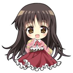 1girl :d belt blush brown_eyes brown_hair chibi eyebrows female_focus frilled_skirt frills full_body houraisan_kaguya japanese_clothes kimono long_hair long_sleeves looking_at_viewer open_mouth red_skirt simple_background skirt sleeves_past_wrists smile solo touhou usagi_koushaku very_long_hair white_background wide_sleeves