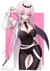 1girl absurdres asaba_(asaba_6771) belt black_dress breasts coat doctor dress earrings highres holding holding_scythe hololive hololive_english jewelry large_breasts long_hair mori_calliope necktie pink_eyes pink_hair scythe solo stethoscope thighs tiara virtual_youtuber white_belt