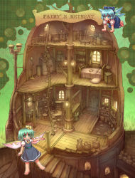 Rule 34 | 2girls, barefoot, bed, blue dress, blue eyes, blue hair, blush, book, bookshelf, bow, brown theme, chair, chest of drawers, chimney, cirno, daiyousei, door, dress, fairy wings, flower pot, green eyes, green hair, hair bow, ice, ice wings, interior, lamp, multiple girls, pectorals, pillow, plant, plant roots, puffy short sleeves, puffy sleeves, round window, sankuma, short hair, short sleeves, side ponytail, sink, smile, stairs, stone, stove, table, touhou, vase, window, wings, wooden floor