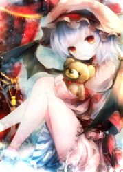 Rule 34 | 1girl, arm ribbon, bare legs, basilis9, bat wings, commentary request, hugging doll, dress, hat, hat ribbon, highres, juliet sleeves, long sleeves, looking at viewer, mob cap, hugging object, pink dress, puffy sleeves, red eyes, remilia scarlet, ribbon, sash, silver hair, solo, stuffed animal, stuffed toy, teddy bear, touhou, wings