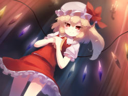 Rule 34 | 1girl, ascot, blonde hair, bow, commentary request, dutch angle, flandre scarlet, gengetsu chihiro, hands on own chest, hat, hat bow, heart, heart-shaped pupils, highres, looking at viewer, mob cap, petticoat, puffy short sleeves, puffy sleeves, red eyes, shirt, short sleeves, side ponytail, skirt, skirt set, smile, solo, symbol-shaped pupils, touhou, tsurime, vest, wings