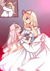 Rule 34 | !?, 2girls, absurdres, alternate costume, bare shoulders, blonde hair, blush, bouquet, bow, bridal veil, carrying, commentary, dress, female focus, flower, flying sweatdrops, gloves, hair bow, highres, holding, holding bouquet, long hair, looking at another, multiple girls, open mouth, pink hair, princess carry, red bow, ria (917 ria), saigyouji yuyuko, shaded face, sketch, smile, touhou, veil, very long hair, wedding, wedding dress, white dress, white gloves, yakumo yukari, yuri
