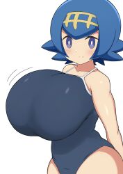 Rule 34 | 1girl, arms behind back, blue eyes, blue hair, blush, breasts, bright pupils, closed mouth, collarbone, creatures (company), female focus, game freak, hairband, highres, huge breasts, jaga334, lana (pokemon), looking at viewer, nintendo, one-piece swimsuit, oppai loli, pokemon, pokemon sm, short hair, simple background, smile, solo, split mouth, standing, swimsuit, white background, white pupils