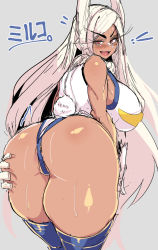 Rule 34 | 1girl, animal ears, ass, ass grab, blush, boku no hero academia, breasts, curvy, dark-skinned female, dark skin, highres, huge ass, huge breasts, long hair, looking at viewer, looking back, mirko, namae ga kimaranai man, open mouth, pink eyes, rabbit ears, rabbit girl, rabbit tail, simple background, sketch, smile, solo, sweat, tail, thick thighs, thighhighs, thighs, very long hair, wedgie, white hair, wide hips