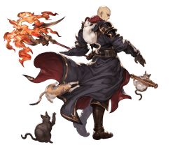 Rule 34 | 10s, 1boy, animal, axe, back, bald, belt, boots, cat, dante (granblue fantasy), fire, full body, gloves, granblue fantasy, hood, male focus, minaba hideo, official art, red eyes, solo, transparent background, weapon