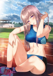 Rule 34 | 1girl, blush, breasts, cloud, cloudy sky, collarbone, day, dripping, expressionless, fingernails, floodlights, grey hair, hair tie, hair tie in mouth, hand on own knee, hand up, head tilt, highres, knee up, koikeya, long hair, looking at viewer, medium breasts, mouth hold, navel, on ground, original, outdoors, puddle, purple eyes, ruffling hair, running track, shiny skin, shoes, sidelocks, sitting, sky, sneakers, soccer field, solo, sports bikini, stadium, sweat, track and field, track uniform, tree, wet, wet clothes, wet hair