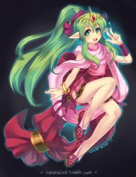 Rule 34 | 1girl, :d, artist name, bare legs, blush, bracelet, crown, dark background, fang, fire emblem, full body, green eyes, green hair, hair between eyes, hand up, highres, jewelry, long hair, looking at viewer, lunar-wind, nintendo, open mouth, pink ribbon, pink scarf, pointy ears, ponytail, red footwear, ribbon, scarf, shoes, side slit, sidelocks, sleeveless, smile, solo, sparkle, tiki (fire emblem), tiki (young) (fire emblem), v, very long hair, watermark, web address
