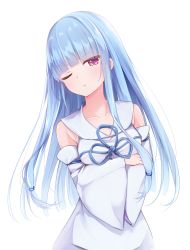Rule 34 | 1girl, ;t, absurdres, bare shoulders, blue dress, blue hair, blue sleeves, breasts, closed mouth, collarbone, commentary request, crossed arms, detached sleeves, dress, highres, kotonoha aoi, kulori, long hair, long sleeves, looking at viewer, medium breasts, pout, red eyes, simple background, sleeveless, sleeveless dress, sleeves past wrists, solo, standing, v-shaped eyebrows, very long hair, voiceroid, white background, wide sleeves