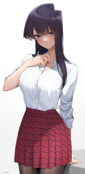 Rule 34 | 1girl, absurdres, arm support, black pantyhose, blush, breasts, collarbone, collared shirt, cowboy shot, diagonal-striped clothes, diagonal-striped skirt, highres, komi-san wa komyushou desu, komi shouko, large breasts, light blush, long hair, looking at viewer, pantyhose, parted lips, pleated skirt, purple eyes, purple hair, red skirt, shirt, shirt tucked in, signature, simple background, skirt, solo, standing, striped clothes, striped skirt, tented shirt, white background, white shirt, yuhi (yuhi atb26)