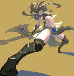 Rule 34 | 1girl, blue eyes, boomerang, boots, breasts, brown background, brown hair, circlet, dual wielding, earrings, evil grin, evil smile, gloves, grin, highres, holding, huge weapon, jewelry, league of legends, leaning back, legs, long hair, loped, medium breasts, midriff, navel, pelvic curtain, sivir, smile, solo, thigh boots, thighhighs, thighs, weapon, you gonna get raped